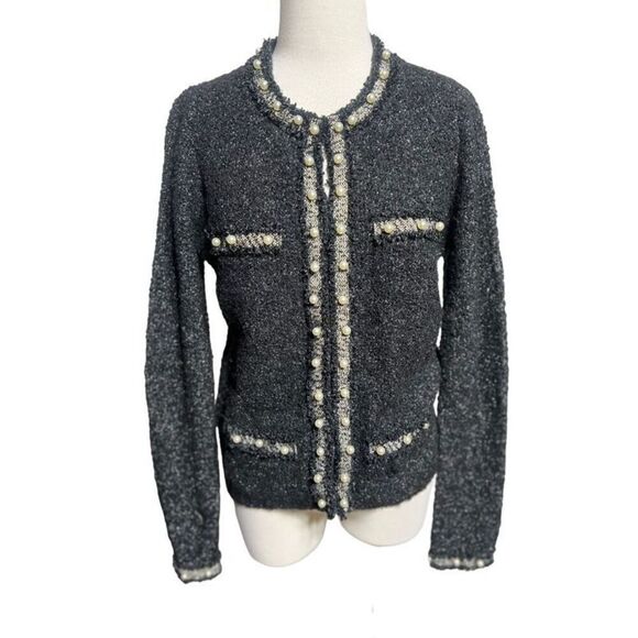 White House Black Market Wool Blend Sparkly Pearl Embellished Sweater Jacket Sna - Picture 1 of 4